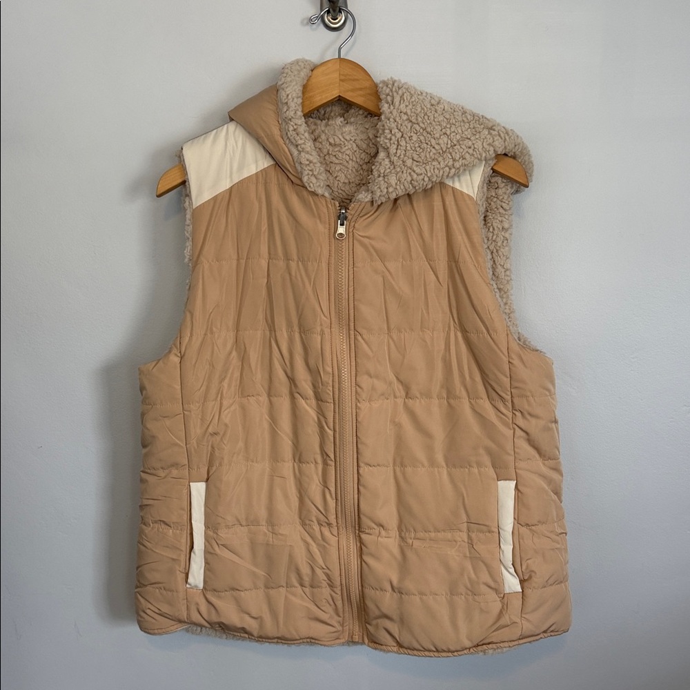 Tan Reversible Sherpa Puffer Vest Hooded Cozy Winter Layer